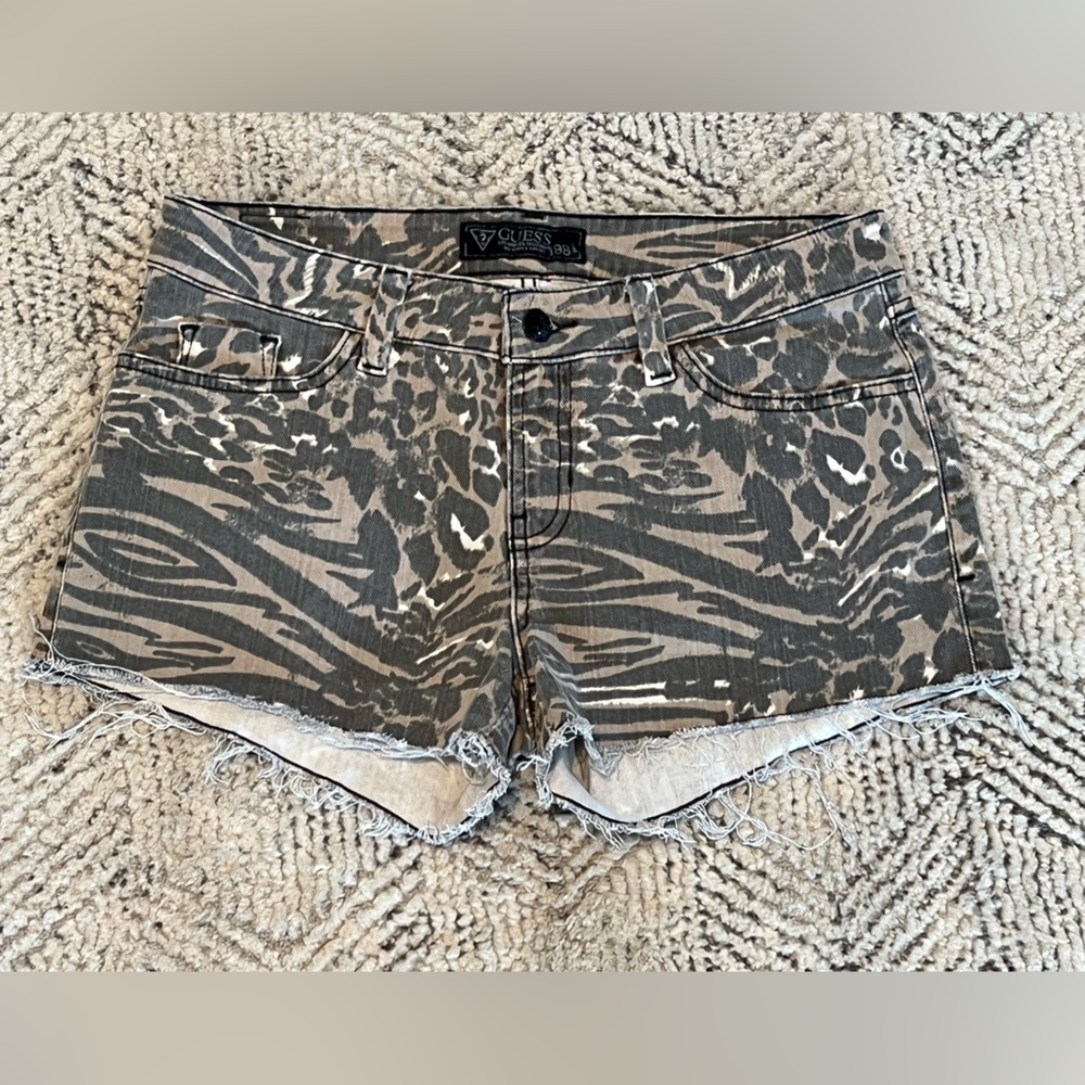 GUESS Leopard Print Cut Off Denim Shorts (28)